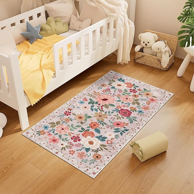 DUKINO 2x4 Rug for Entryway, Washable Kitchen Floral Runner Rug with Non Slip Backing, Low Pile Soft Boho Carpet for Kitchen, Hallway, Entryway, Laundry, Bedroom, Beige