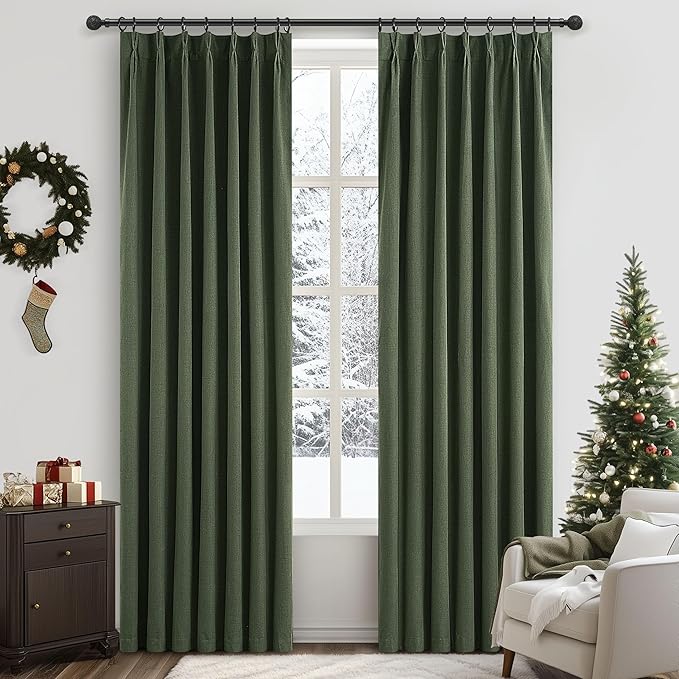 Pinch Pleated Curtains with Rings and Hooks Loden 102 Inch 8-1/2ft Tall Vintage Curtains for Bedroom Dark Olive Green Moody Drapes 100 Percent Blackout Noise Dampening Window Curtain Linen 2 Panels