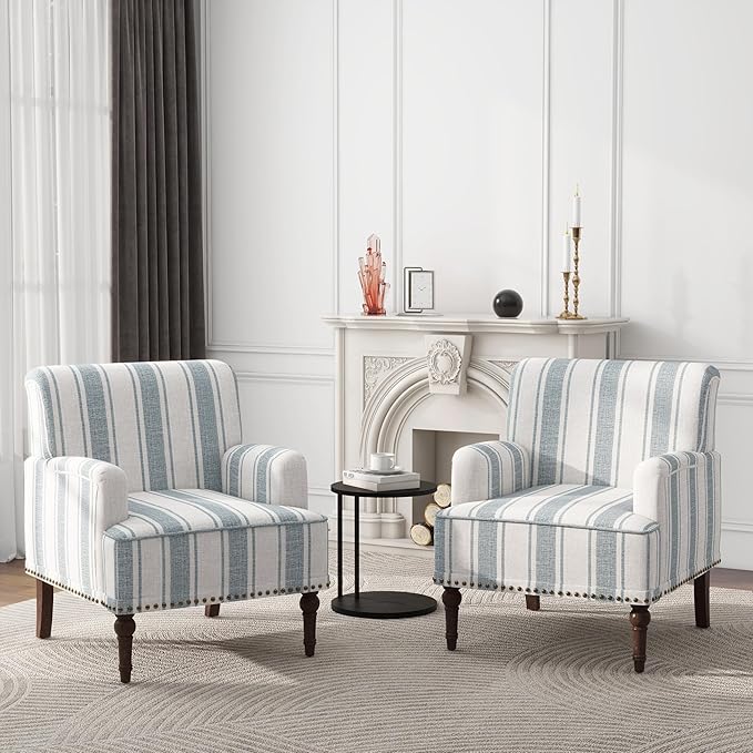 Modern Accent Chair with Arms,2 Set Mid Century Stripe Armchair for Living Room,Comfy Linen Fabric Single Sofa for Apartment Bedroom,Comfortable Cushioned Seat for Reading Home Office-Blue Stripe