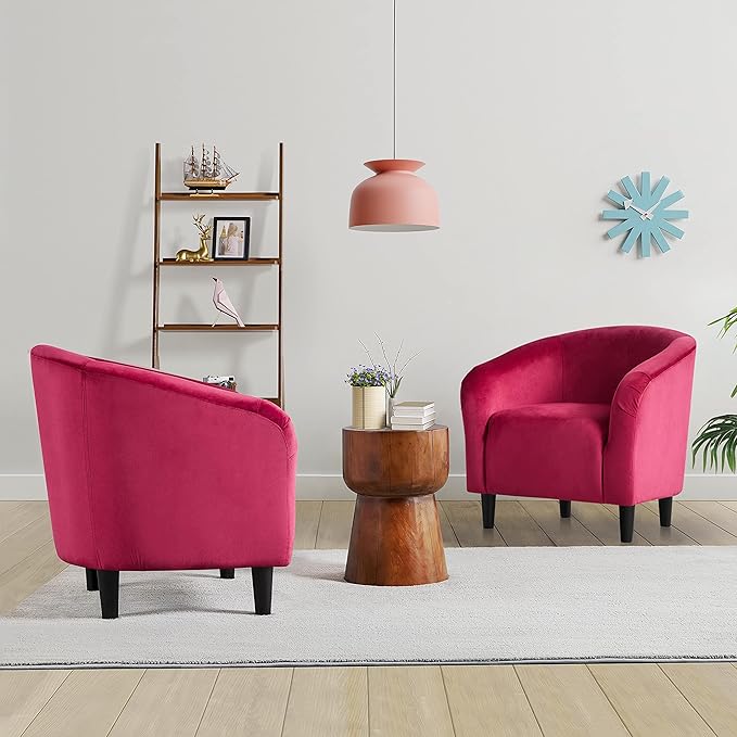 Yaheetech Accent Chairs, Velvet Barrel Chair Cozy Club Chairs with Sturdy Legs and Soft Padded Seat for Bedroom/Living Room/Reading Room, Rose Red, Set of 2