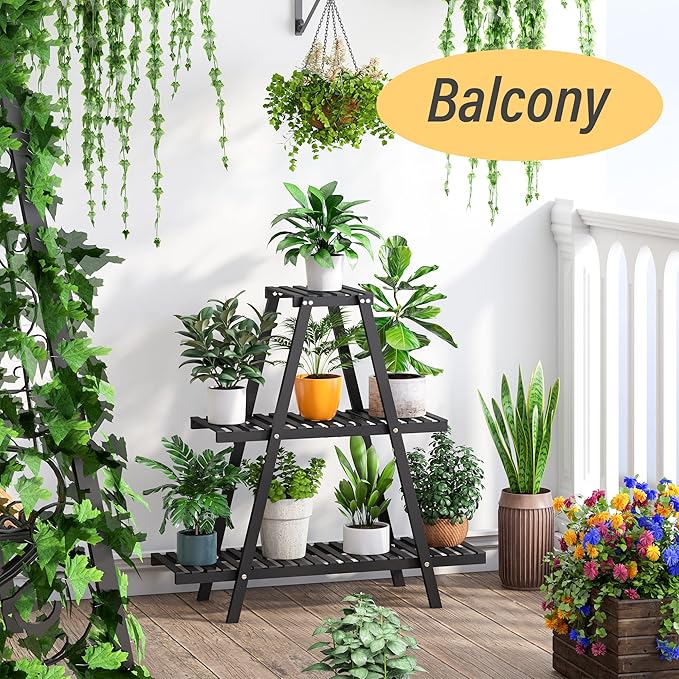 Bamboo Plant Stand Indoor/Outdoor, 3-Tier, Black, Rectangular, 8 Potted Flower Holder Ladder Plant Rack