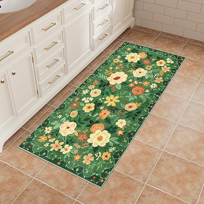 DUKINO 2x4 Rug for Entryway, Washable Kitchen Floral Runner Rug with Non Slip Backing, Low Pile Soft Boho Carpet for Kitchen, Hallway, Entryway, Laundry, Bedroom, Dark Green