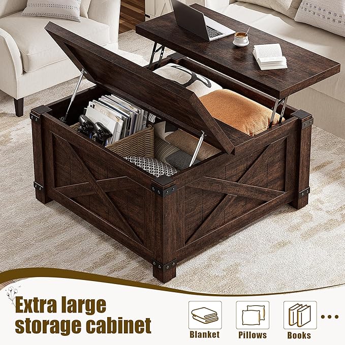 EnHomee Lift Top Coffee Table with Storage, 35.7" W Square Coffee Tables for Living Room, Small Coffee Table with Large Hidden Space, for Living Room, Bedroom, Home Office, Brown