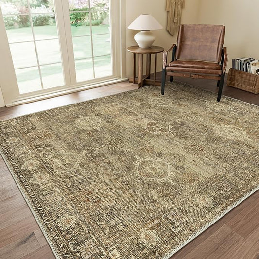 GENIMO 6X9 Area Rugs for Living Room, Machine Washable Non Slip Vintage Floral Patchwork Rug, Thin Low Pile Chenille Carpet Rugs for Bedroom, Dining Room, Straw