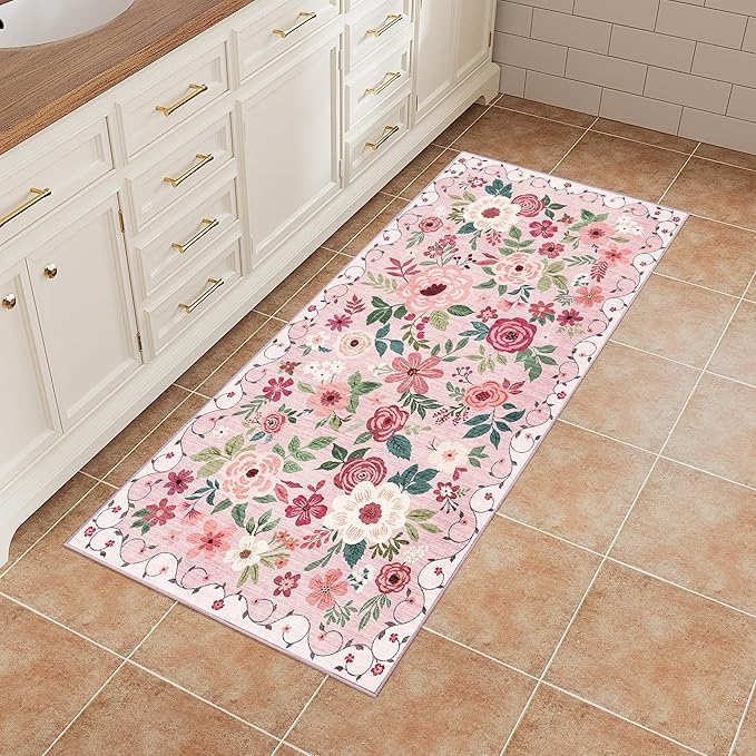 DUKINO 2x5 Runner Rug for Hallway, Washable Kitchen Floral Runner Rug with Non Slip Backing, Low Pile Soft Boho Carpet for Kitchen, Hallway, Entryway, Laundry, Bedroom, Pink