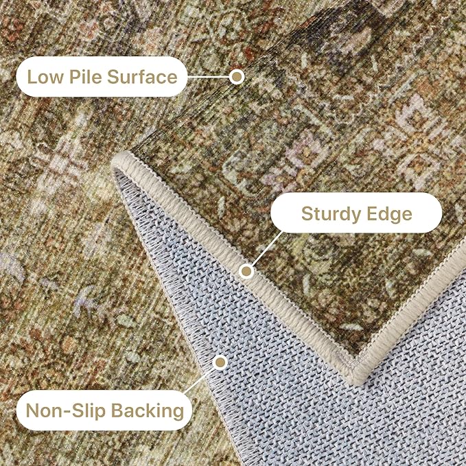 GENIMO 2X5 Hallway Runner Rug, Machine Washable Non Slip Vintage Floral Patchwork Runners, Thin Low Pile Chenille Carpet Runners for Entryway, Kitchen, Bathroom, Bedroom, Straw