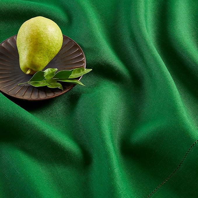 Solino Home Linen Garden Green Table Runner 132 Inches Long - 100% Pure Linen Extra Long Table Runner 14 x 132 Inch for Christmas - Classic Hemstitch