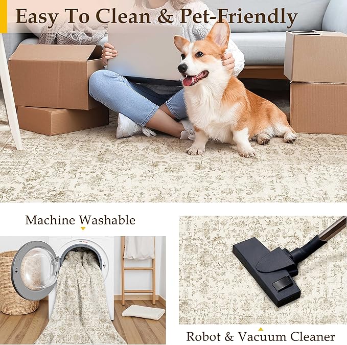 Light Brown Area Rug 8x10 Machine Washable Large Vintage Living Room Distressed Non Slip Carpet Traditional Indoor Bedroom Retro Floral Accent Throw Rug for Office Kitchen Dining Room