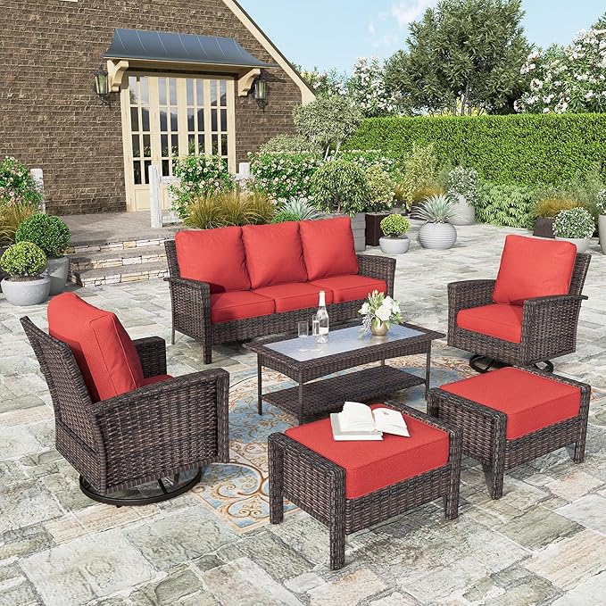 HERA'S HOUSE Red Outdoor Furniture Set with 35" High Back Swivel Chairs, Wicker Patio Conversation Sets with 5.5" Waterproof Cushions for Deck Lawn Yard
