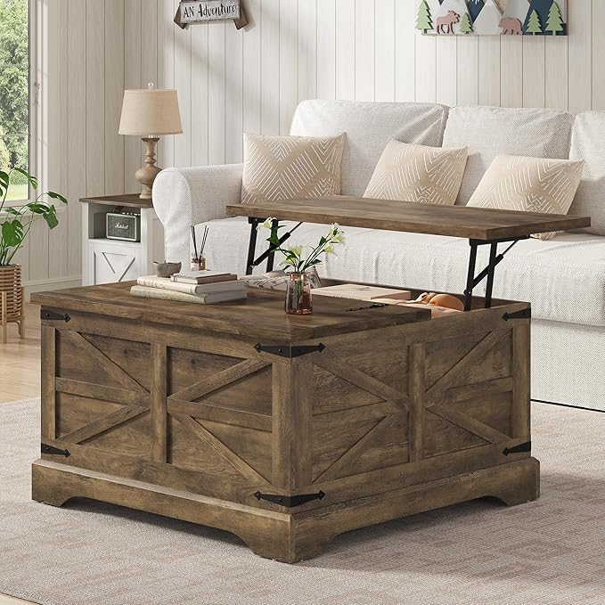 Furnideco 35.5''W Square Coffee Table Farmhouse Lift top Coffee Table with Large Hidden Storage, Wood Center Table for Living Room, Home Office, Brown