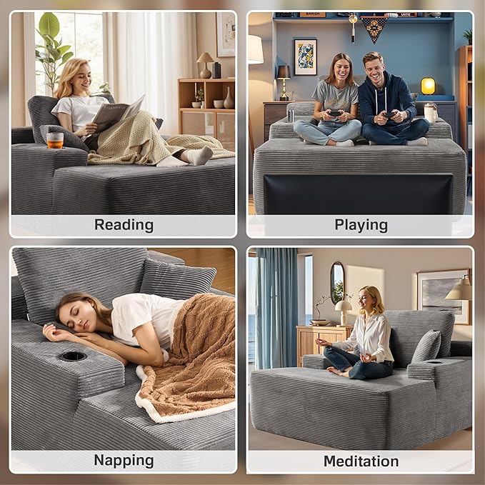 Chaise Lounge Chair Indoor, 67" Oversized Comfy Corduroy Sleeper Sofa Bed with Cup Holders and Wide Armrests, Boneless Upholstered Recliner Bed, Modern Cloud Couch for Living Room, Grey