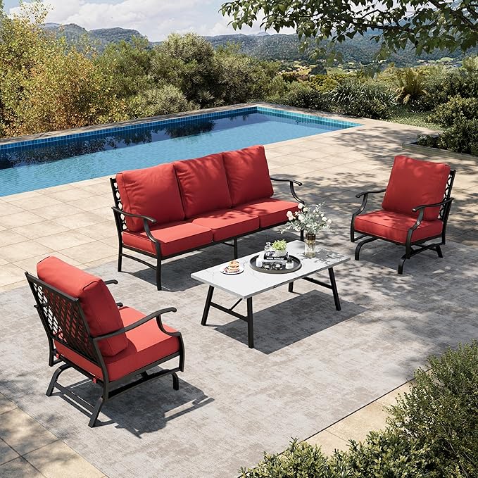 HERA'S HOUSE 4 Piece Patio Furniture Set, 2 x Rocking Metal Frame Cushioned Chair, 3-Seat Sofa with Marbling Coffee Table, All Weather Outdoor Conversation Set for Lawn Garden Backyard, Red