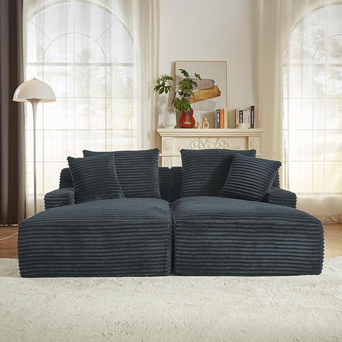 Oversized Double Chaise Lounge, Corduroy Boneless Couch, Modern Oversized Chaise Lounge, Upholstered Sleeper Sectional Sofa Daybed with Throw Pillows and Armrest for Living Room, Dark Grey