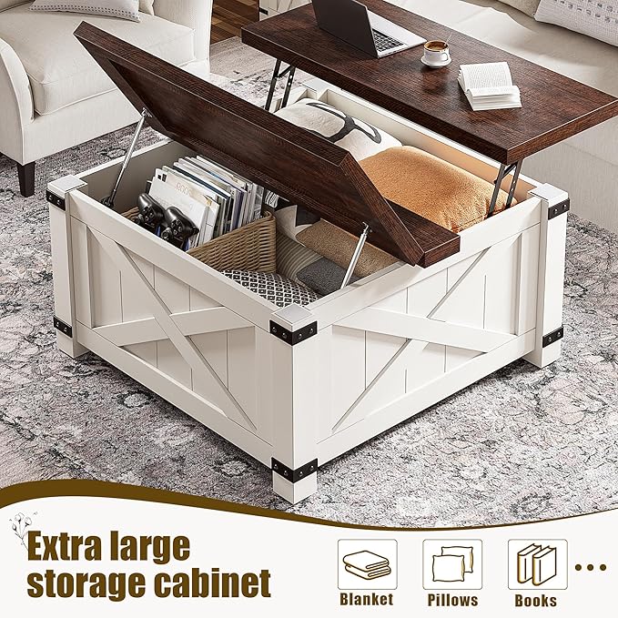 EnHomee Lift Top Coffee Table with Storage, 35.7" W Square Coffee Tables for Living Room, Small Coffee Table with Large Hidden Space, for Living Room, Bedroom, Home Office, White
