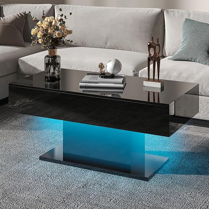 Led Coffee Table for Living Room, Living Room Table Rectangular Center Table, Modern High Glossy Wooden Coffee Tables with 16 Colors LED Lights for Dining Reception Room, Black