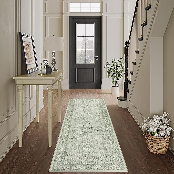 Runner Rug 2x5 Sage Green Hallway Washable Vintage Distressed Kitchen Carpet Non Slip Neutral Low Pile Retro Floral Farmhouse Long Throw Rug Entryway Bathroom Office Laundry Dining Room