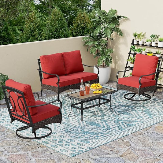 PHI VILLA Outdoor Porch Furniture Set, Upgraded Wicker&Metal Deep Seating Patio Furniture Conversation Set with Waterproof Thick Cushions for Balcony, Deck, and Yard (4 Pieces,Red)