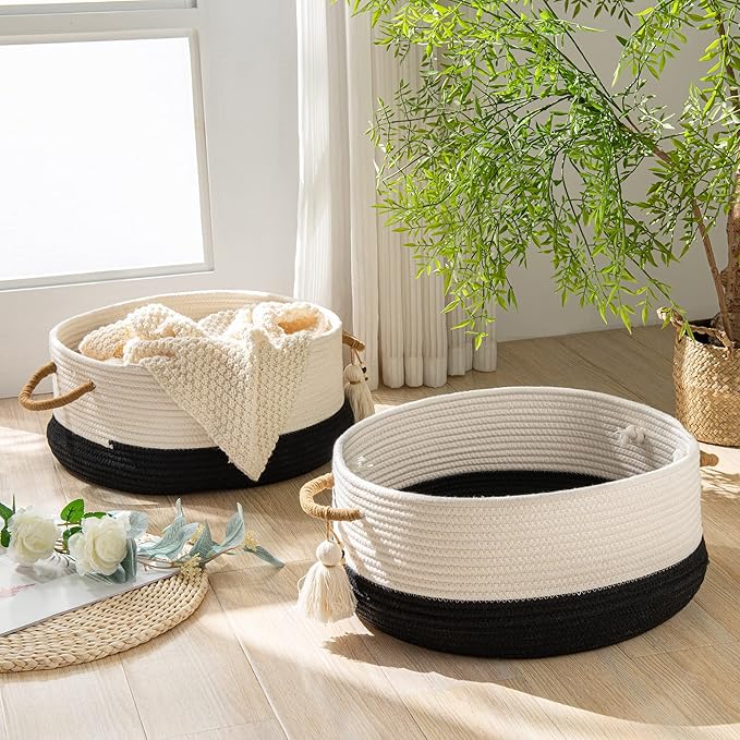 KAKAMAY Woven Baskets for Storage(16"x8"),Blanket Basket for Organizing Living Room,Cotton Rope Basket Woven Baby Laundry Hamper,Collapsible Laundry Room Organization,Clothes,Toy Chest(Black)