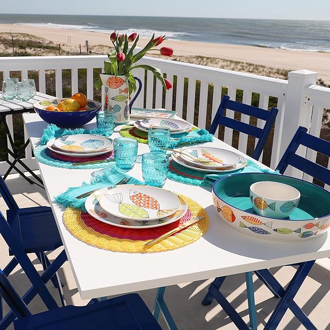 Euro Ceramica FreshCatch Collection Chip and Dip Serving Set (2 Bowls) - Indoor/Outdoor Use - Colorful Cute Fish Pattern on White (FRC-86-3918)