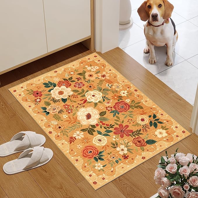 DUKINO 2x3 Rugs for Entryway, Floral Indoor Washable Door Mat, Non Slip Boho Small Rug for Kitchen, Soft Low Pile Front Door Throw Rug for Entrance, Bedroom, Kitchen, Laundry, Bathroom, Orange