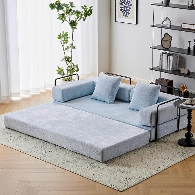 Convertible Folding Mattress Couch, Floor Sofa Bed with Fixed-Shape Frame, Corduroy Floor Sofa with Armrest, Floor Sofa Lounge Couch for Living Room Bedroom Lounge Studio-Light Sky Blue