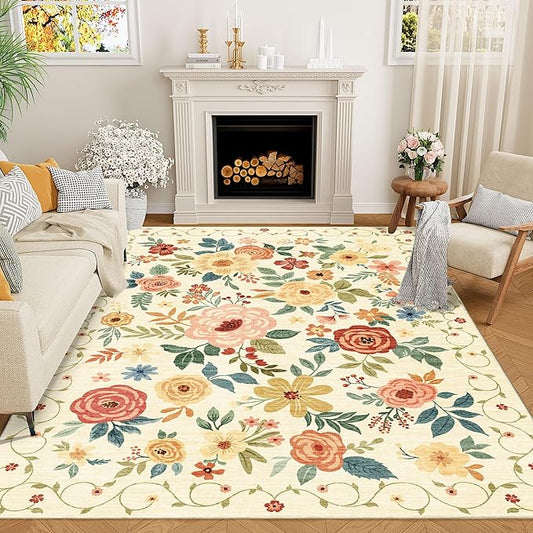 DUKINO 6x9 Area Rug, Floral Rugs for Living Room, Lightweight Non Slip Washable Rug, Indoor Low Pile & Non-Shedding Boho Design Rugs for Bedroom, Living Room, Dining Room, Beige Yellow