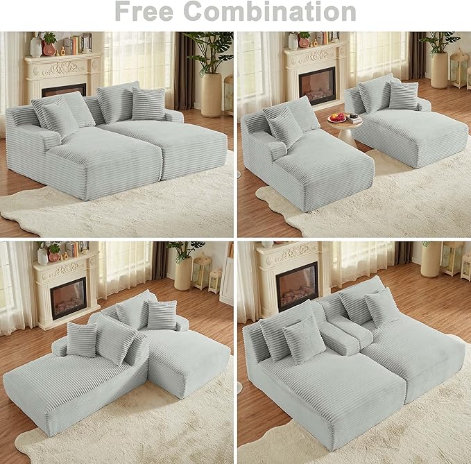 GNIXUU 78.8" Oversized Double Chaise Lounges Indoor, 2 Pieces Comfy Corduroy Chaise Lounge Chair Cloud Boneless Couch, Fluffy Upholstered Sleeper Loveseat Bed for Living Room Bedroom(Light Gray)