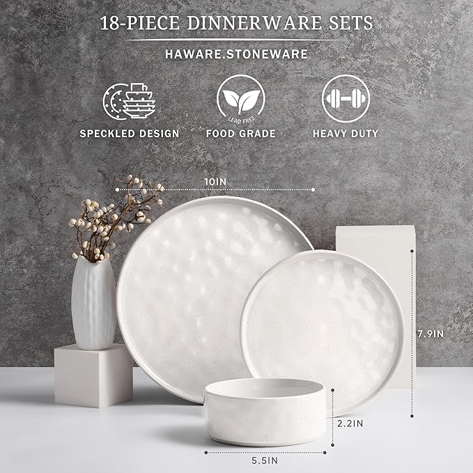 HaWare Dinnerware Sets, 18-Piece Plates and Bowls Set, Stoneware Dish Set for 6, Ceramic Dinnerware for Home Restaurant, Chip and Scratch Resistant, Microwave and Dishwasher Safe, Speckled White