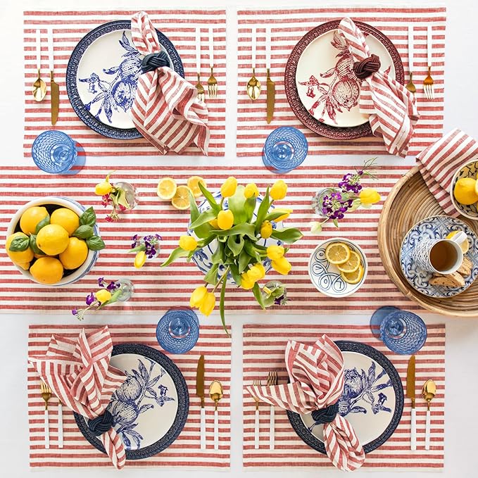 Solino Home Linen Placemats Set of 4 - Amalfi Stripe Red and White Placemats 14 x 19 Inch - 100% Pure Linen Place Mats