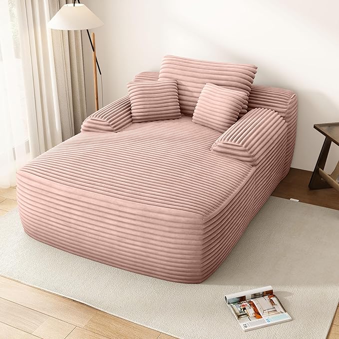 67" Oversized Chaise Lounge Chair with Cover, Comfy Sleeper Sofa Bed, Black Plush Corduory Couch for Living Room,Sofa in A Box,No Assembly Required (Pink Plush Corduroy Cover).