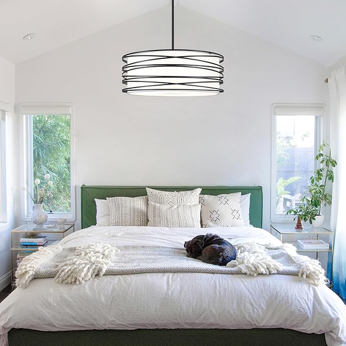 19.7" Black Pendant Light, 5-Lights Modern Drum Chandeliers for Dining Room Adjustable Pendant Hanging Lighting with White Fabric Shade for Kitchen Island Living Room Entryway Bedroom