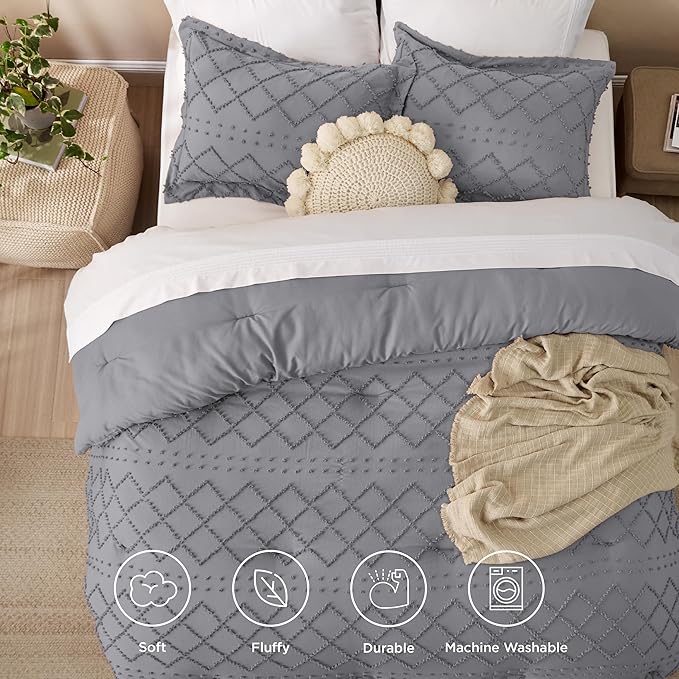Bedsure California King Comforter Set - Grey Comforter, Boho Tufted Shabby Chic Bedding for Kids, 3 Pieces Vintage Farmhouse Bed Set for All Seasons, Fluffy Soft Bedding with 2 Pillow Shams