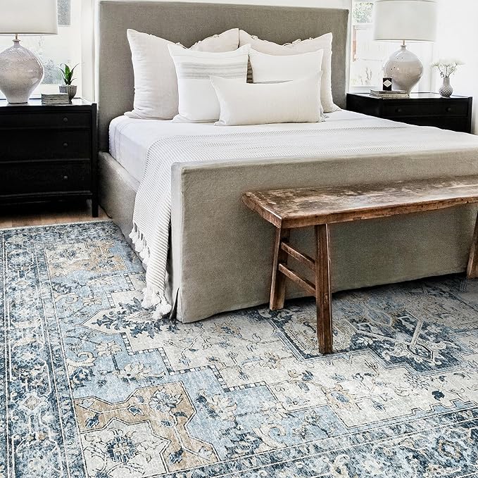 GENIMO 5x8 Area Rugs for Living Room, Machine Washable Low Pile Rugs, Chenille Non Alip Vintage Rug for Bedroom, Dining Room, Home Office, Blue