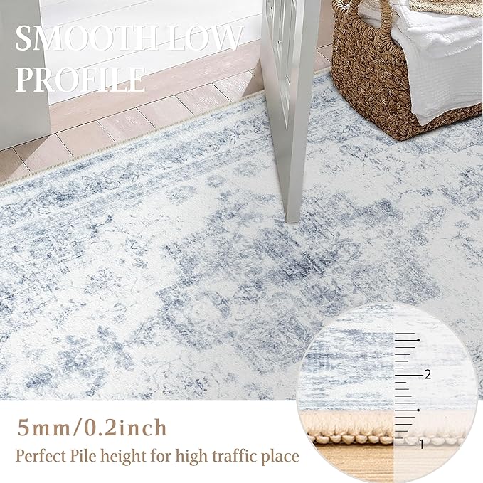 Area Rug 5x7 Washable Blue Rug Vintage Boho Medallion Large Distressed Retro Carpet for Living Room Non Slip Indoor Low Pile Small Soft Bedroom Dining Room Home Office