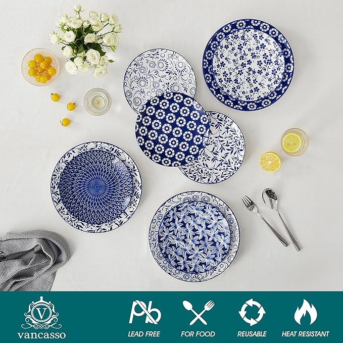 vancasso Ceramic Salad Plates Set of 6, Small Vintage 8.25 Inch Plate Set of 6 for Kitchen, Porcelain Blue and White Dessert Plates for Kitchen, Microwave Oven Dishwasher Safe, Vintage Gift