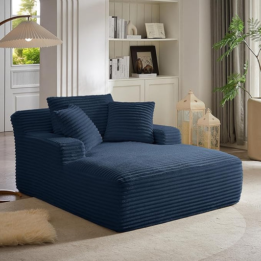 Oversized Chaise Lounge Chair Indoor, Corduroy Sofa Bed with Throw Pillows, Cozy Cloud Couch, Upholstered Sleeper Sofa Couch for Living Room, Bedroom, Apartment, Blue