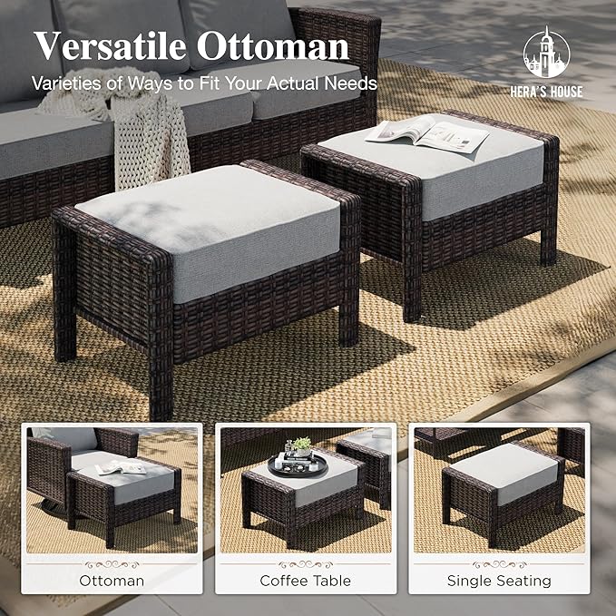 HERA'S HOUSE Patio Furniture Set with Swivel Chairs, High Back Wicker Couch with Ottomans, Outdoor Conversation Sofa Sets with 5.5" Waterproof Cushions for Garden Yard Porch, Grey