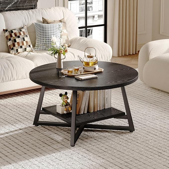 Coffee Table for Living Room, Round Coffee Table, Small Circle Coffee Table with Storage, Modern Wood Round Center Table for Home Office, Small Space, Easy Assembly, Black