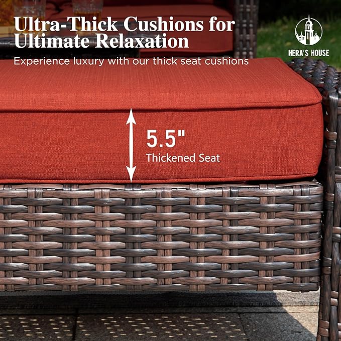 Oversized Patio Wicker Chairs, High Back Outdoor Swivel Chairs Set of 2 with Rattan Side Table, 5.5" Thick Cushions, 3-Piece Patio Furniture Sets for Deck Porch Pool, Brown/Red