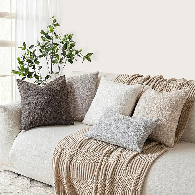Foindtower Pack of 2 Textured Boucle Throw Pillow Covers Accent Solid Decorative Lumbar Pillow Cases Cozy Woven Couch Cushion Case for Sofa Bedroom Living Room Home Decor, 12 x 20 Inch,Light Grey