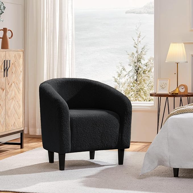 Yaheetech Accent Barrel Chair, Boucle Fabric Club Chair, Furry Sherpa Elegant Armchair with Cozy Soft Padded, Suitable for Living Room Bedroom Reception Room Office, Black