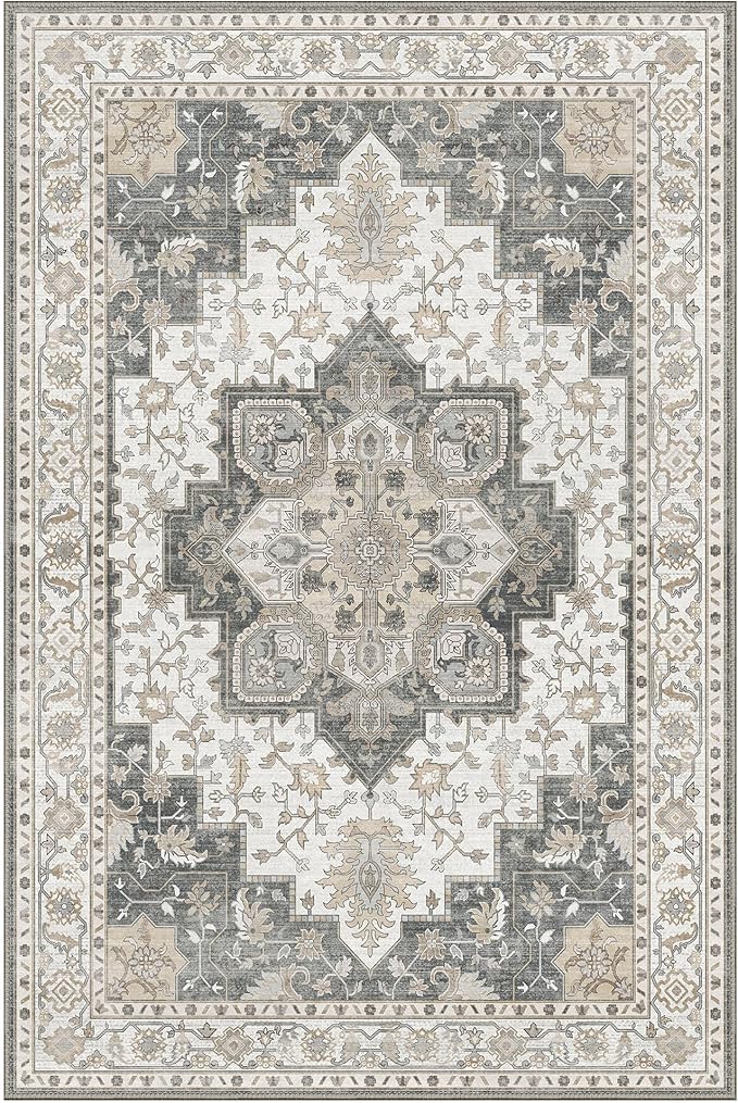 GENIMO 7'6''x9'6'' Area Rugs for Living Room, Machine Washable Non Slip Vintage Rugs, Low Pile Lightweight Chenille Print Rug for Bedroom, Dining Room, Home Office, Heathered Grey