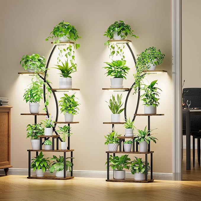 JUSTOGO Plant Stand Indoor with Grow Light, 8 Tiered Tall Plant Shelf for Indoor Plants Multiple, 65" Large Corner Plant Stands, Metal Curved Flower Holder Display Rack for Living Room, Patio, Balcony