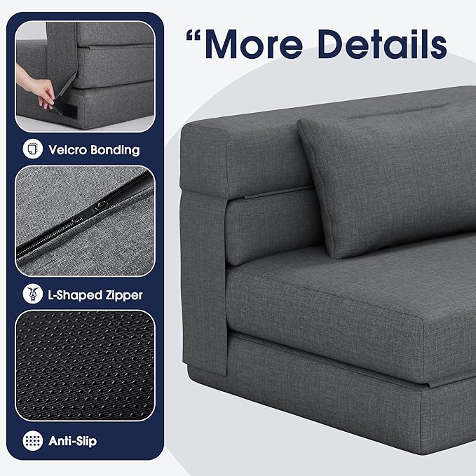 KINGYES 4 in 1 Foldable Sofa Bed, Modern Folding Sleep Chair with Back Cushion, Convertible Chair Sleeper, Grey