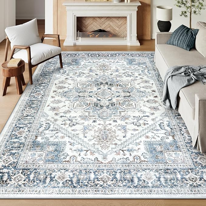 LIVEBOX Washable Area Rug 8x10 - Large Blue Vintage Tribal Living Room Rug Oriental for Bedroom, Non-Slip Retro Medallion Carpet Print Distressed for Dining Room Guest Office