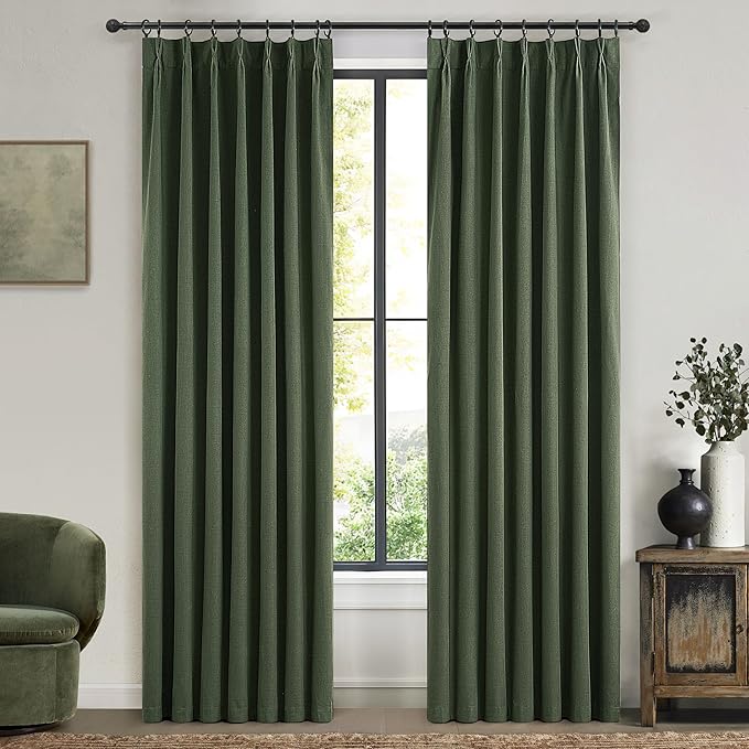 Decorative Blackout Curtains 95 Inches Long for Bedroom, Olive Green Pinch Pleated Textured Linen Blended Window Curtains 95 inch for Living Room Darkening Drapes with Hooks 2 Panels (40" Wx95 Lx2)