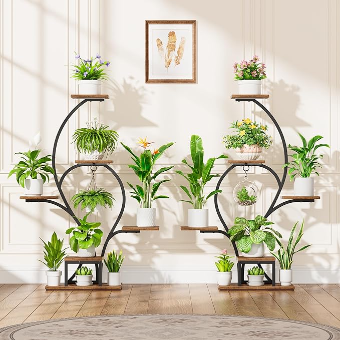 Plant Stand Indoor with Grow Lights - 6 Tiered Plant Shelf Indoor, 49" Tall Corner Plant Stands for Indoor Plants, Lighted Flower-Shaped Holder Stand, Display Rack for Living Room, Patio（Black)