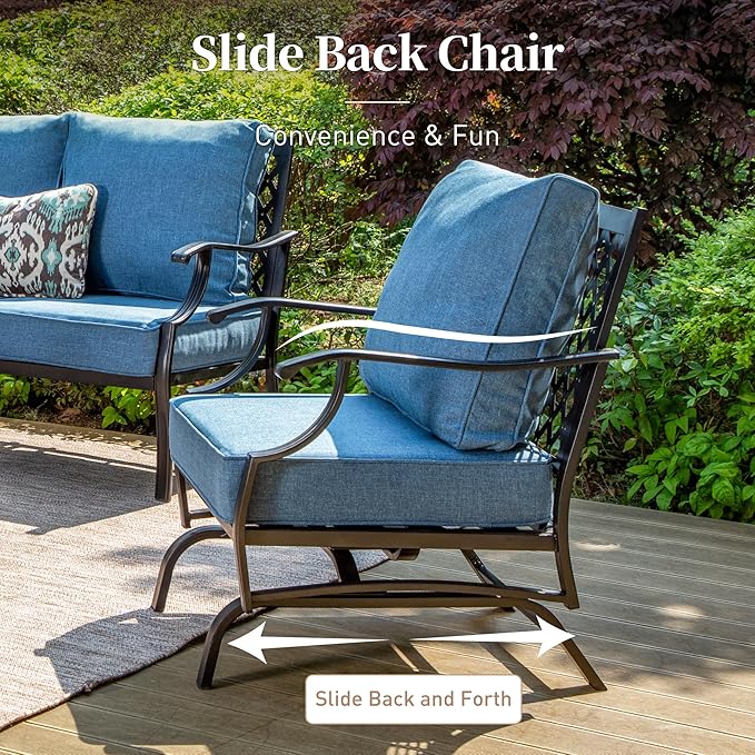 6 Piece Metal Outdoor Patio Furniture Set, Patio Conversation Set 1 3-Seater Sofa, 2 Rocking Chair, 2 Leg Chair with 5.75" Thick Cushion and Coffee Table, Backyard Furniture Set, Navy