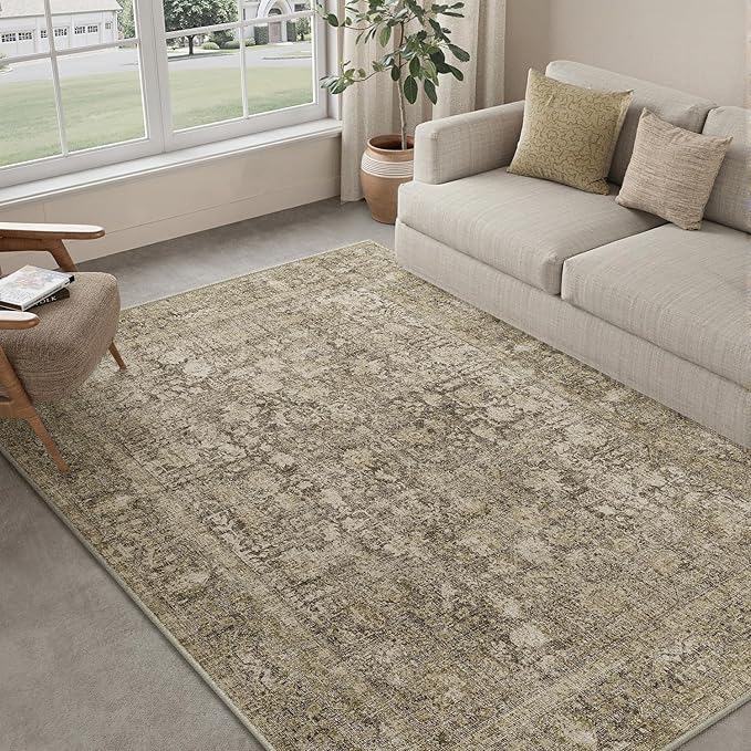 Brown Area Rug 8x10 Machine Washable Large Vintage Living Room Distressed Non Slip Carpet Traditional Indoor Bedroom Retro Floral Accent Throw Rug for Office Kitchen Dining Room