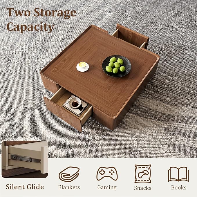 Luxury Square Coffee Table for Living Room, Fully Assembled Solid Wood Center Table with 2 Hidden Storage Drawers,Raised Edge Design Elegant Walnut Finish